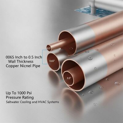 0.065 Inch to 0.5 Inch Wall Thickness Copper Nickel Pipe with Smooth Surface and Up To 1000 Psi Pressure Rating for Saltwater Cooling and HVAC Systems